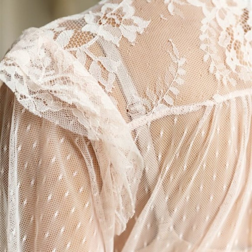 Blush Sheer Mesh Polka Dot Frill Trim Long Sleeve - Picture 3 of 4
